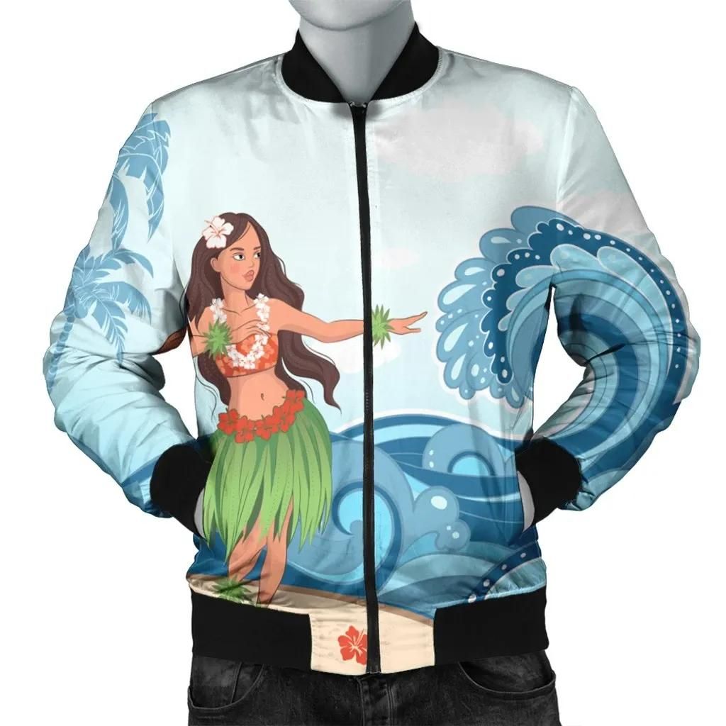 Hawaiian Hula Dance Cartoon Hibiscus Wave Bomber Jacket - AH - JR Bomber Jacket Hawaiian Hula Dance Cartoon Hibiscus Wave Bomber Jacket - AH - JR Bomber Jacket