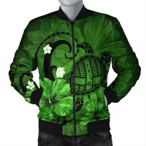 Hawaiian Map Big Turtle Hibiscus Plumeria Tribal Polynesian Bomber Jacket - Green - AH - J6R Bomber Jacket