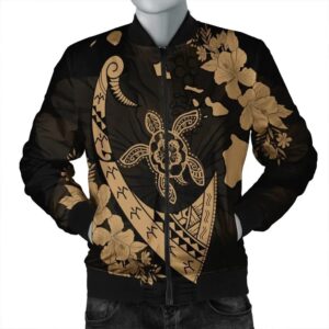 Hawaiian Map Hibiscus Turtle Fish Hook Polynesian Bomber Jacket Gold - AH - J5R Bomber Jacket