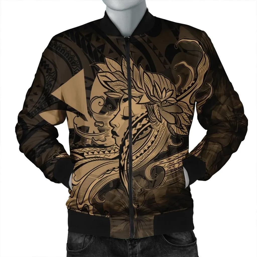 Hawaiian Map Hula Girl Hibiscus Kanaka Polynesian Bomber Jacket - Gold - AH - J4R Hawaiian Map Hula Girl Hibiscus Kanaka Polynesian Bomber Jacket - Gold - AH - J4R