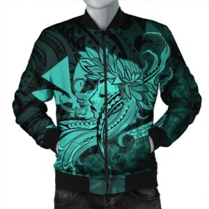 Hawaiian Map Hula Girl Hibiscus Kanaka Polynesian Bomber Jacket - Turquoise - AH - J4R Bomber Jacket