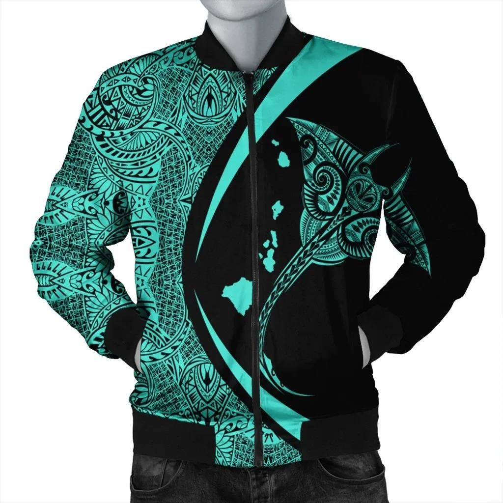 Hawaiian Map Manta Ray Polynesian Bomber Jacket - Turquoise - Circle Style - AH - J4R Bomber Jacket Hawaiian Map Manta Ray Polynesian Bomber Jacket - Turquoise - Circle Style - AH - J4R Bomber Jacket