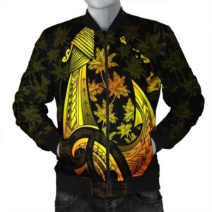 Hawaiian Map Palm Trees Fish Hook Polynesian Bomber Jacket Colorful Yellow - AH - J5R Bomber Jacket