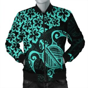 Hawaiian Map Turtle Hibiscus Kanaka Polynesian Bomber Jacket - Turquoise - AH - J4R Bomber Jacket