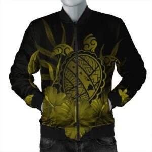 Hawaiian Map Turtle Hibiscus Polynesian Bomber Jacket - Yellow - AH - J4R Bomber Jacket