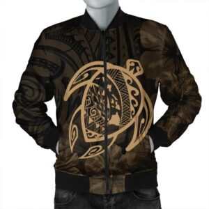 Hawaiian Map Turtle Kanaka Hibiscus Polynesian Bomber Jacket - Gold - AH - J4R