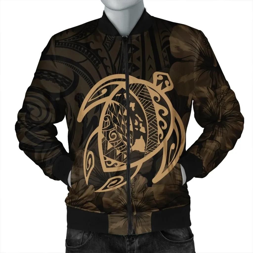 Hawaiian Map Turtle Kanaka Hibiscus Polynesian Bomber Jacket - Gold - AH - J4R Hawaiian Map Turtle Kanaka Hibiscus Polynesian Bomber Jacket - Gold - AH - J4R
