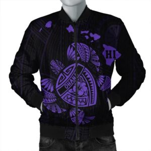Hawaiian Map Turtle Ohana Hibicus Polynesian Bomber Jacket - Purple - AH - J6R