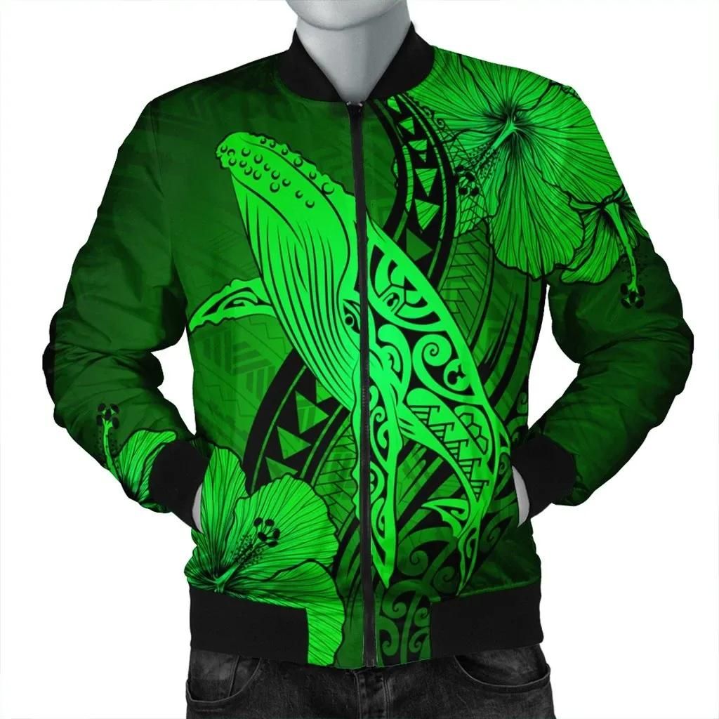 Hawaiian Map Whale Swim Hibiscus Polynesian Bomber Jacket - Green - AH - J6R Bomber Jacket Hawaiian Map Whale Swim Hibiscus Polynesian Bomber Jacket - Green - AH - J6R Bomber Jacket