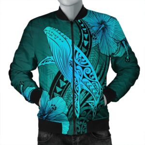 Hawaiian Map Whale Swim Hibiscus Polynesian Bomber Jacket - Turquoise - AH - J6R Bomber Jacket