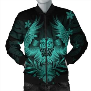 Hawaiian Owl Hibiscus Plumeria Polynesian Bomber Jacket - Turquoise - AH - J4R Bomber Jacket