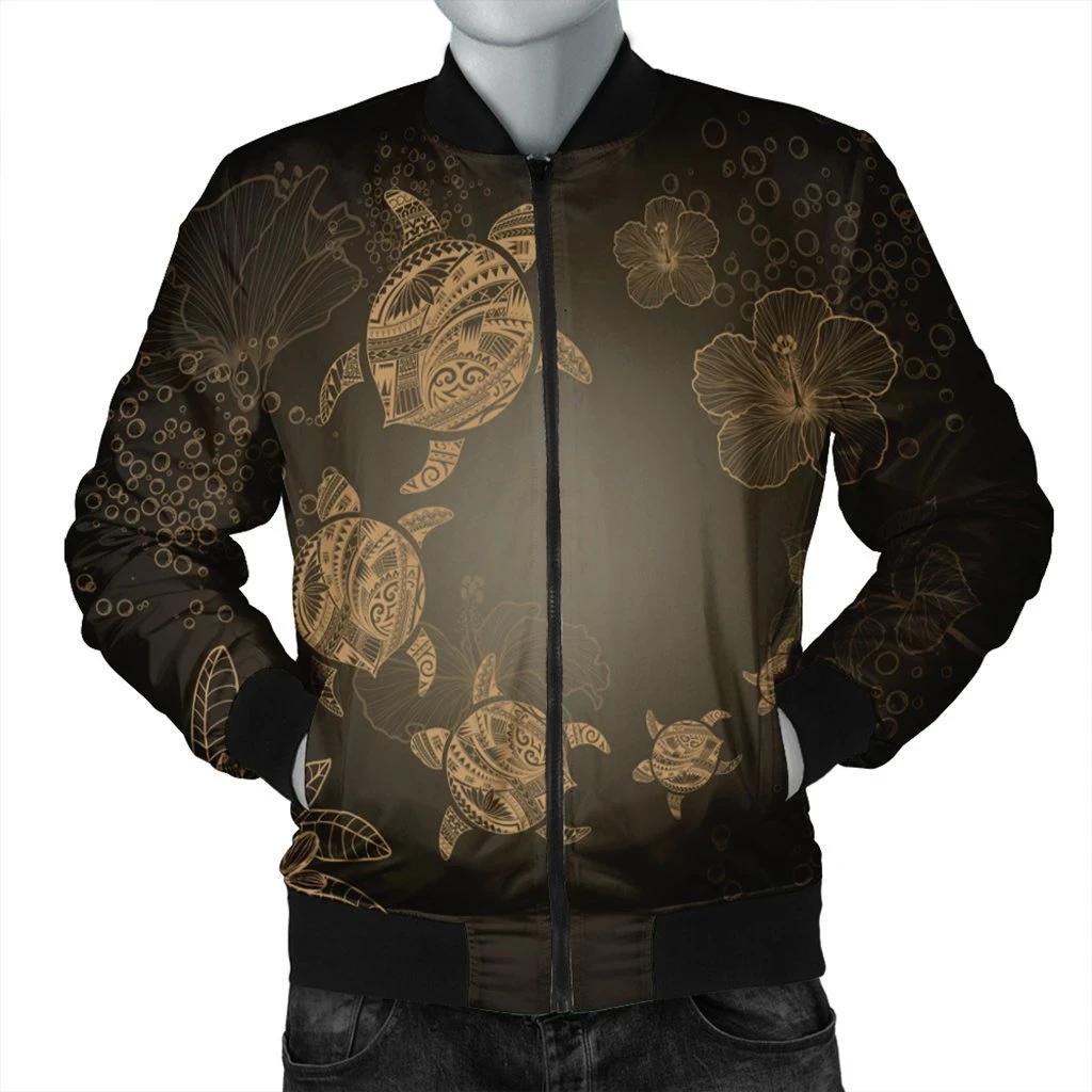 Hawaiian Plumeria Hibiscus Turtle Under Sea Polynesian Bomber Jacket Gold AH - J7R Hawaiian Plumeria Hibiscus Turtle Under Sea Polynesian Bomber Jacket Gold AH - J7R