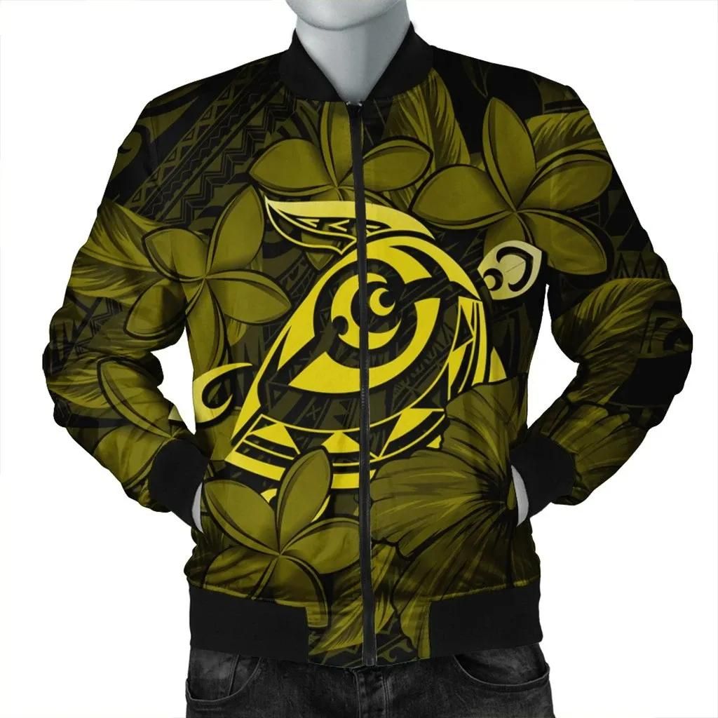 Hawaiian Turtle Hibiscus Plumeria Kanaka Polynesian Bomber Jacket Yellow - Soft Style - AH - J4R Hawaiian Turtle Hibiscus Plumeria Kanaka Polynesian Bomber Jacket Yellow - Soft Style - AH - J4R