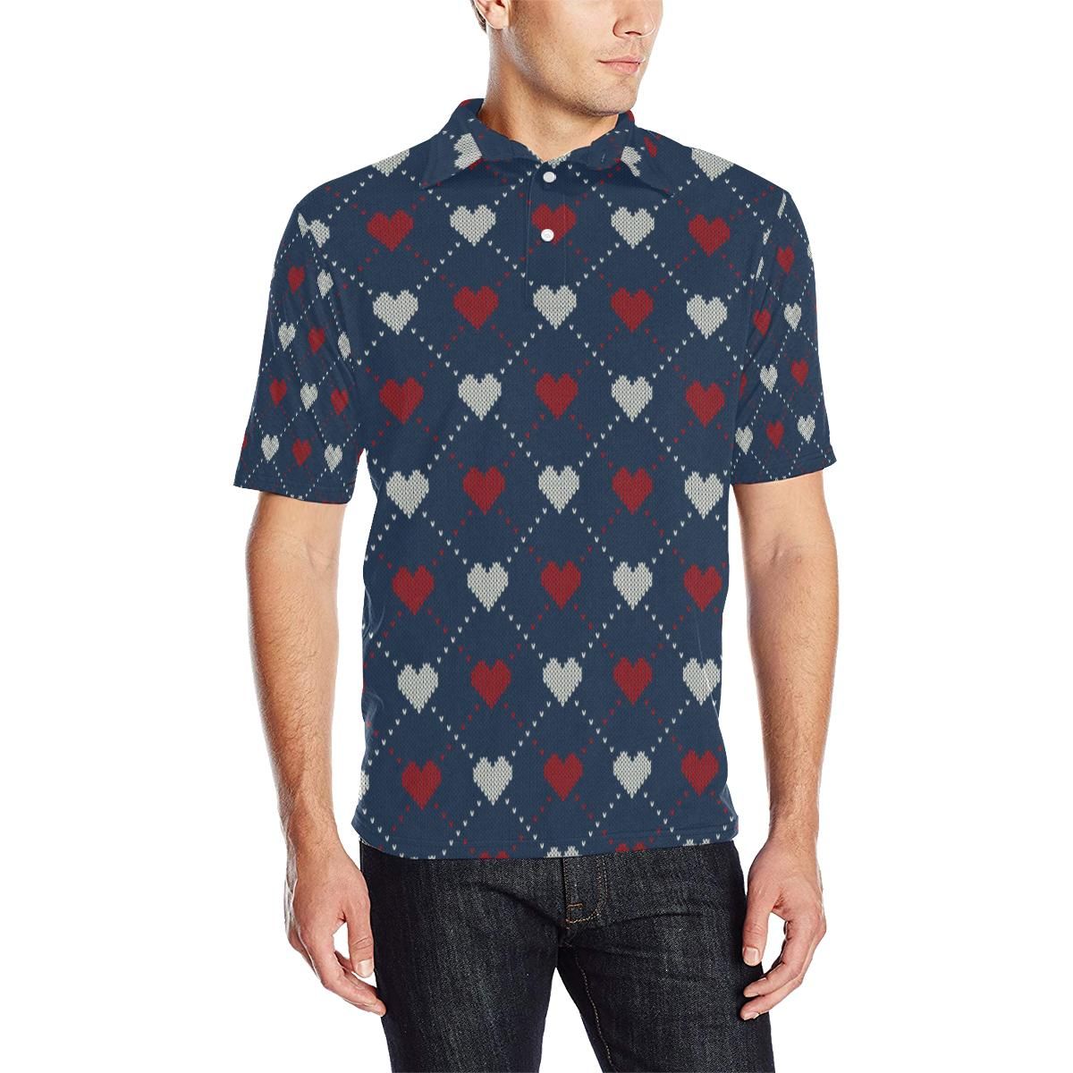 Heart Knit Pattern Print Design He05 Men Polo Shirt Heart Knit Pattern Print Design He05 Men Polo Shirt