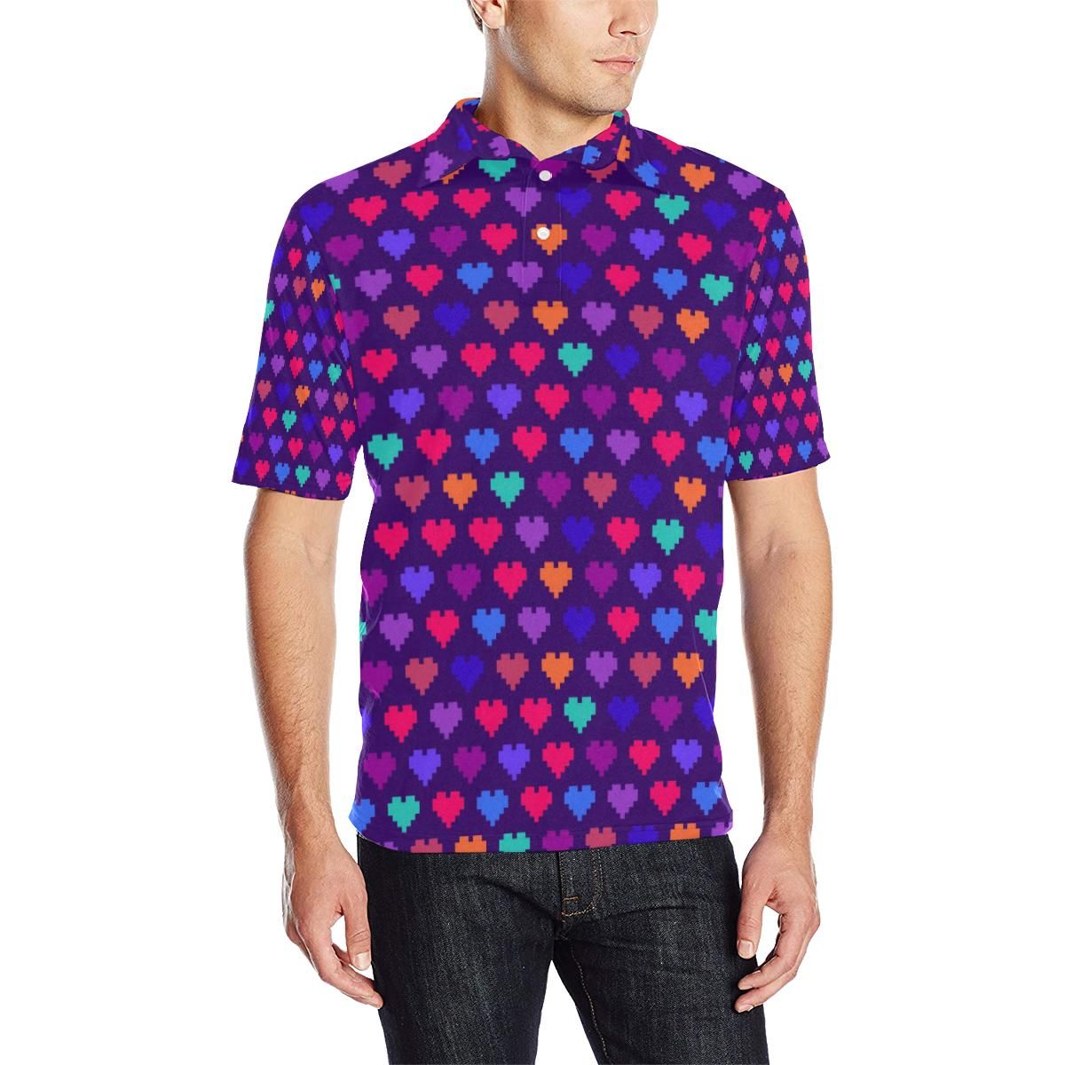 Heart Pixel Pattern Print Design He03 Men Polo Shirt Heart Pixel Pattern Print Design He03 Men Polo Shirt