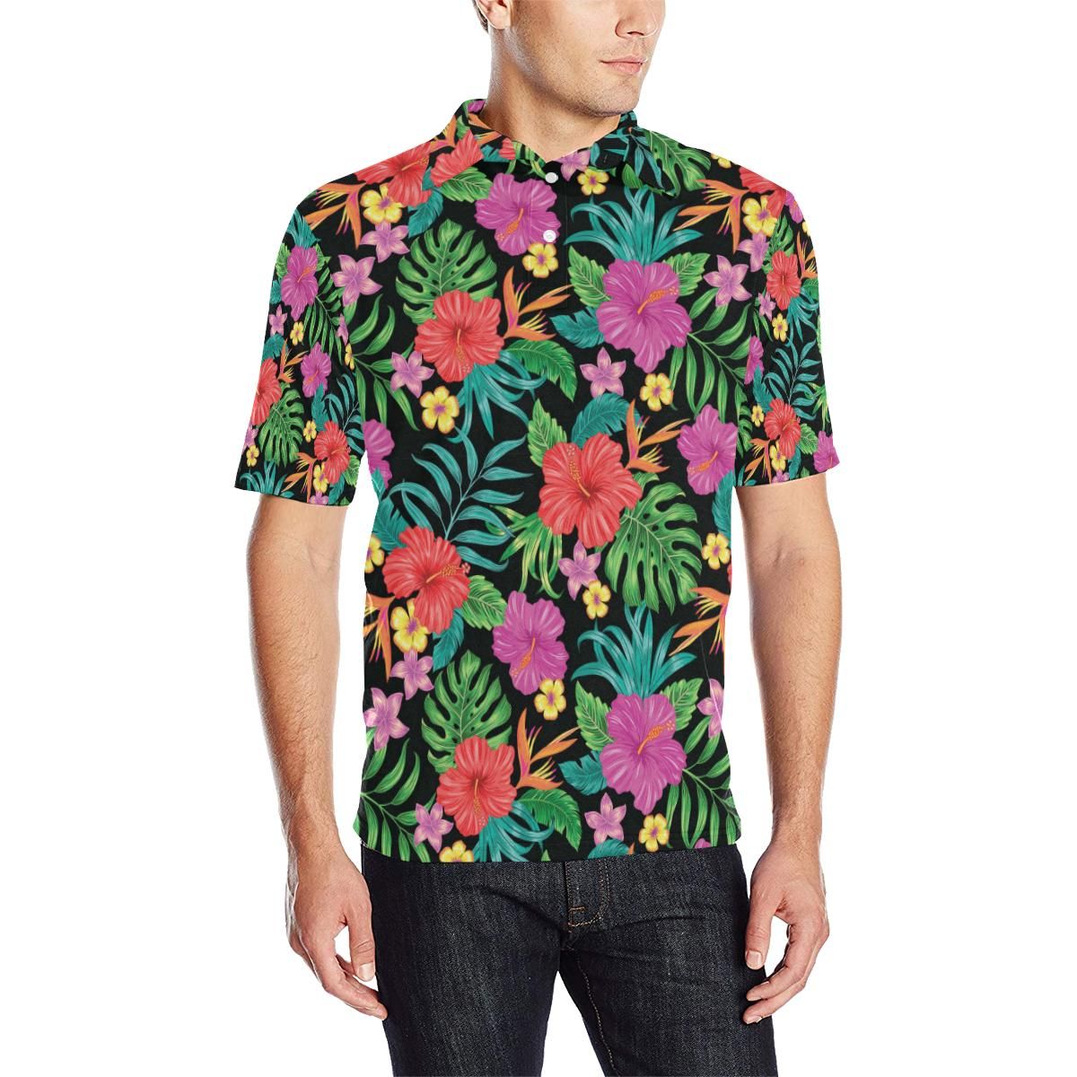 Hibiscus Red Hawaiian Flower Men Polo Shirt Hibiscus Red Hawaiian Flower Men Polo Shirt