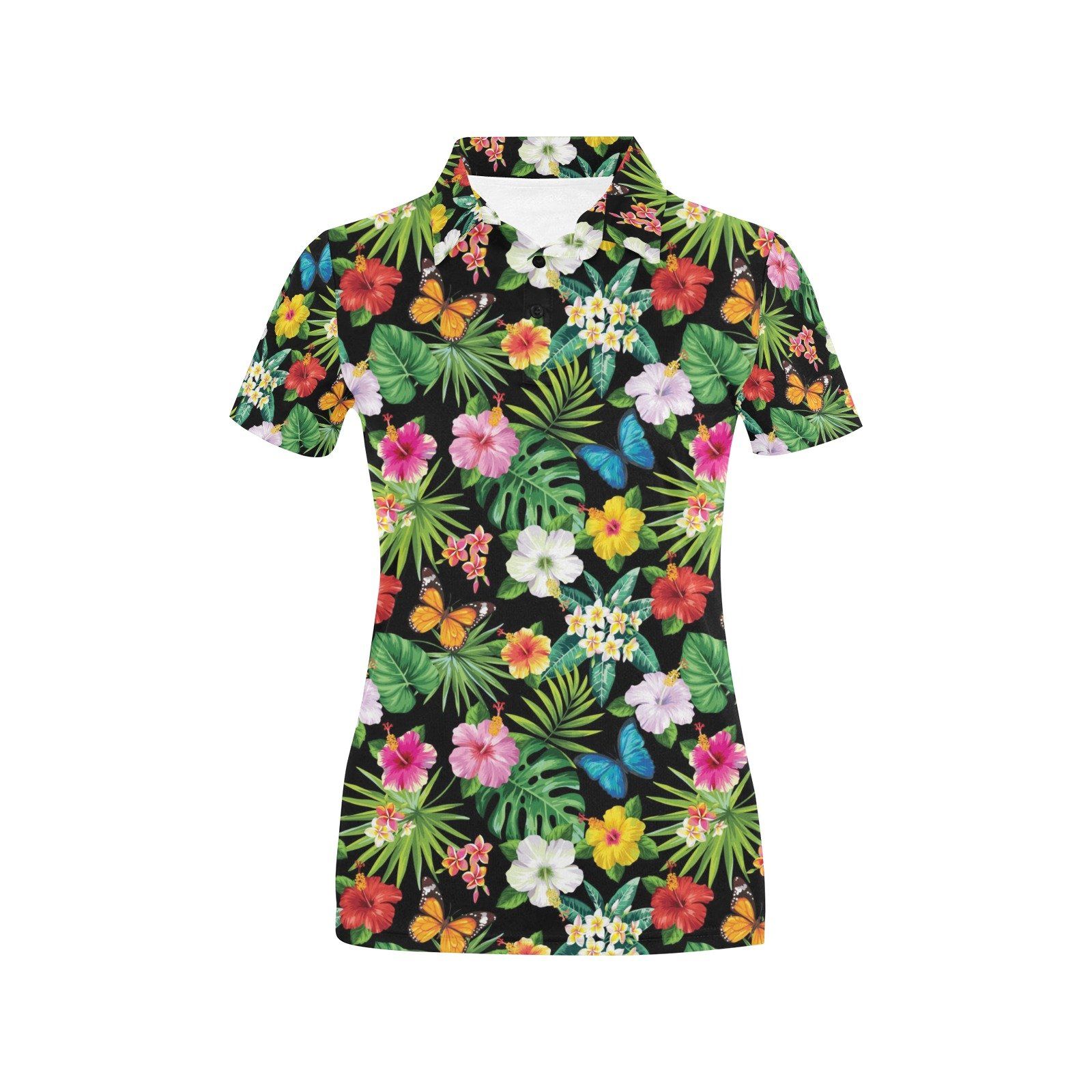 Hibiscus With Butterfly Print Design Lks305 Women'S Polo Shirt Hibiscus With Butterfly Print Design Lks305 Women'S Polo Shirt