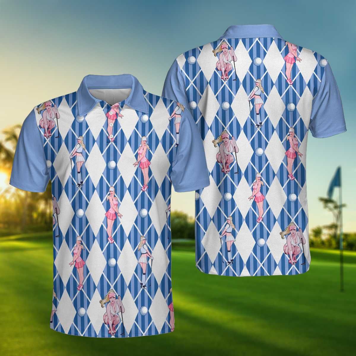 Hot Girl Plays Golf Blue Pattern Polo Shirt #H Hot Girl Plays Golf Blue Pattern Polo Shirt #H