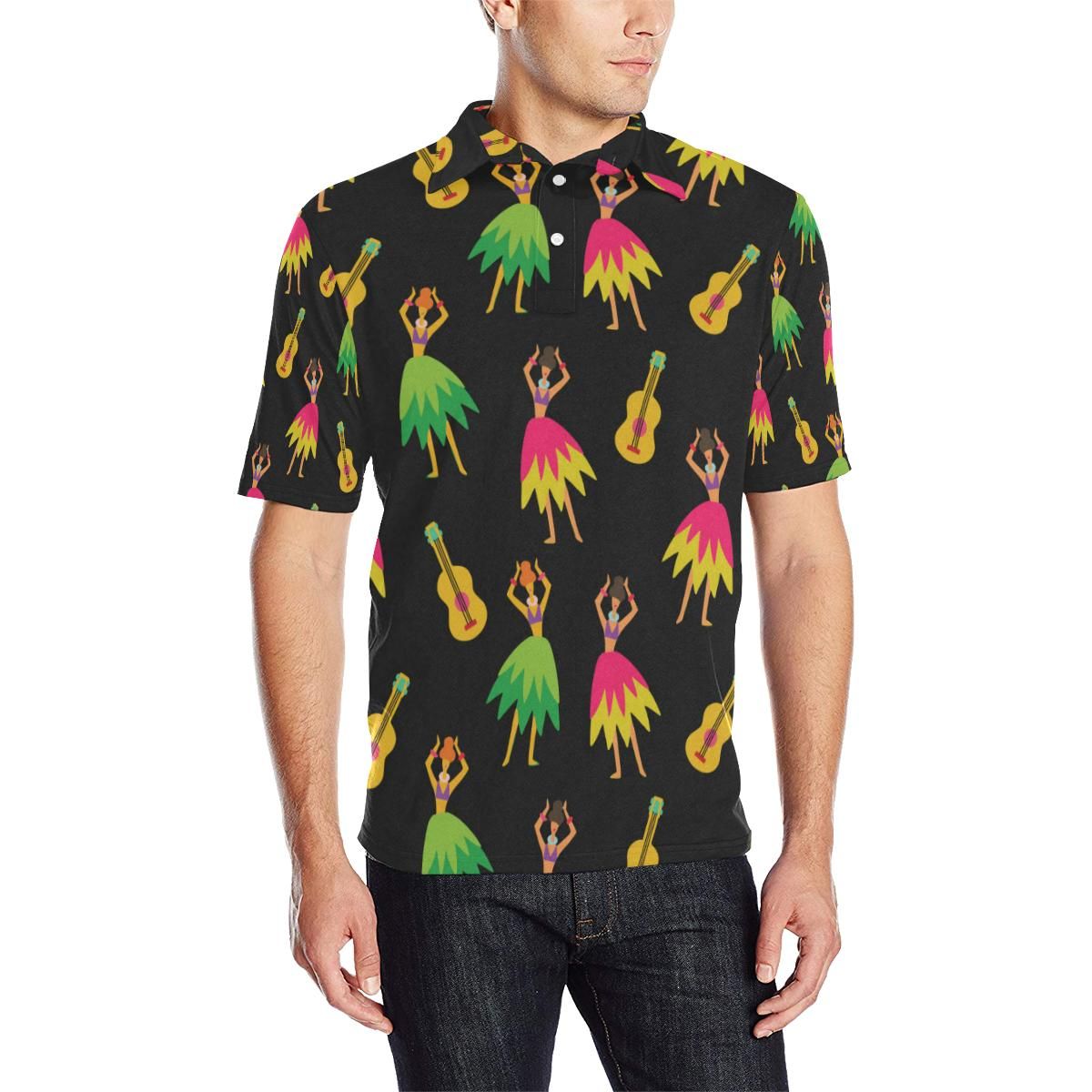 Hula Dancers Hawaiian Girl Pattern Print Design 03 Men Polo Shirt Hula Dancers Hawaiian Girl Pattern Print Design 03 Men Polo Shirt