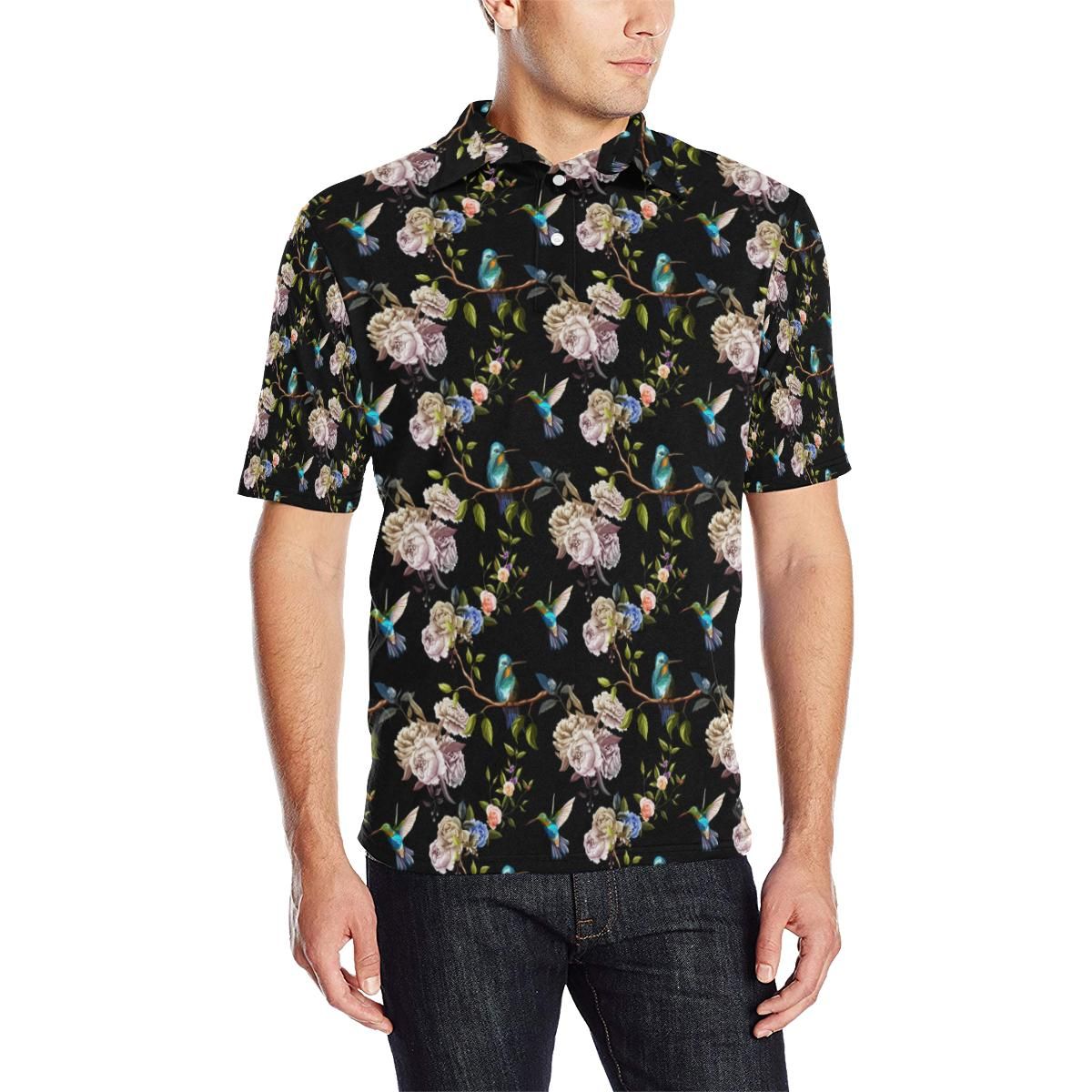 Hummingbird Flower Themed Print Men Polo Shirt Hummingbird Flower Themed Print Men Polo Shirt