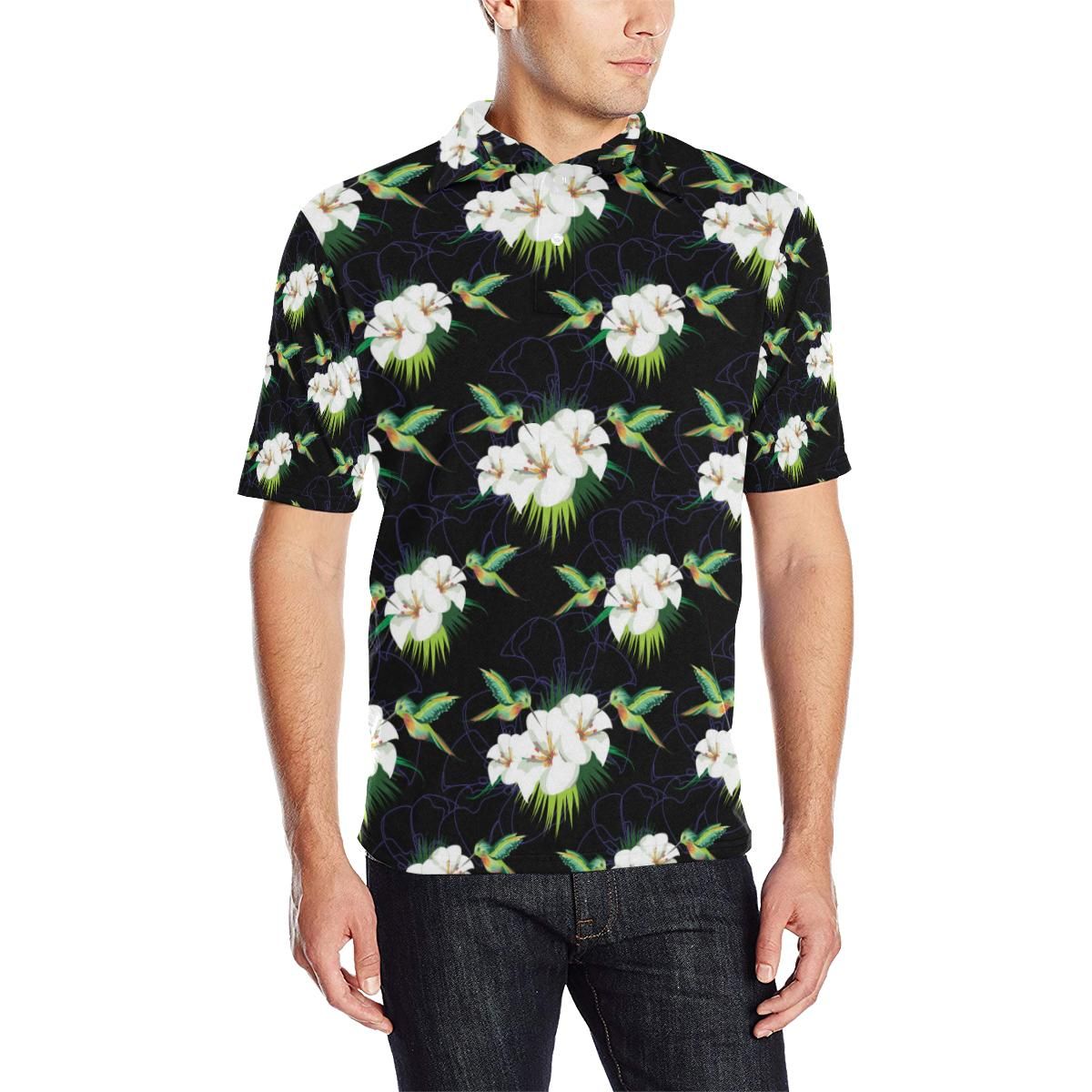 Hummingbird With Flower Pattern Print Design 03 Men Polo Shirt Hummingbird With Flower Pattern Print Design 03 Men Polo Shirt