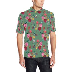 Hummingbird With Rose Themed Print Men Polo Shirt