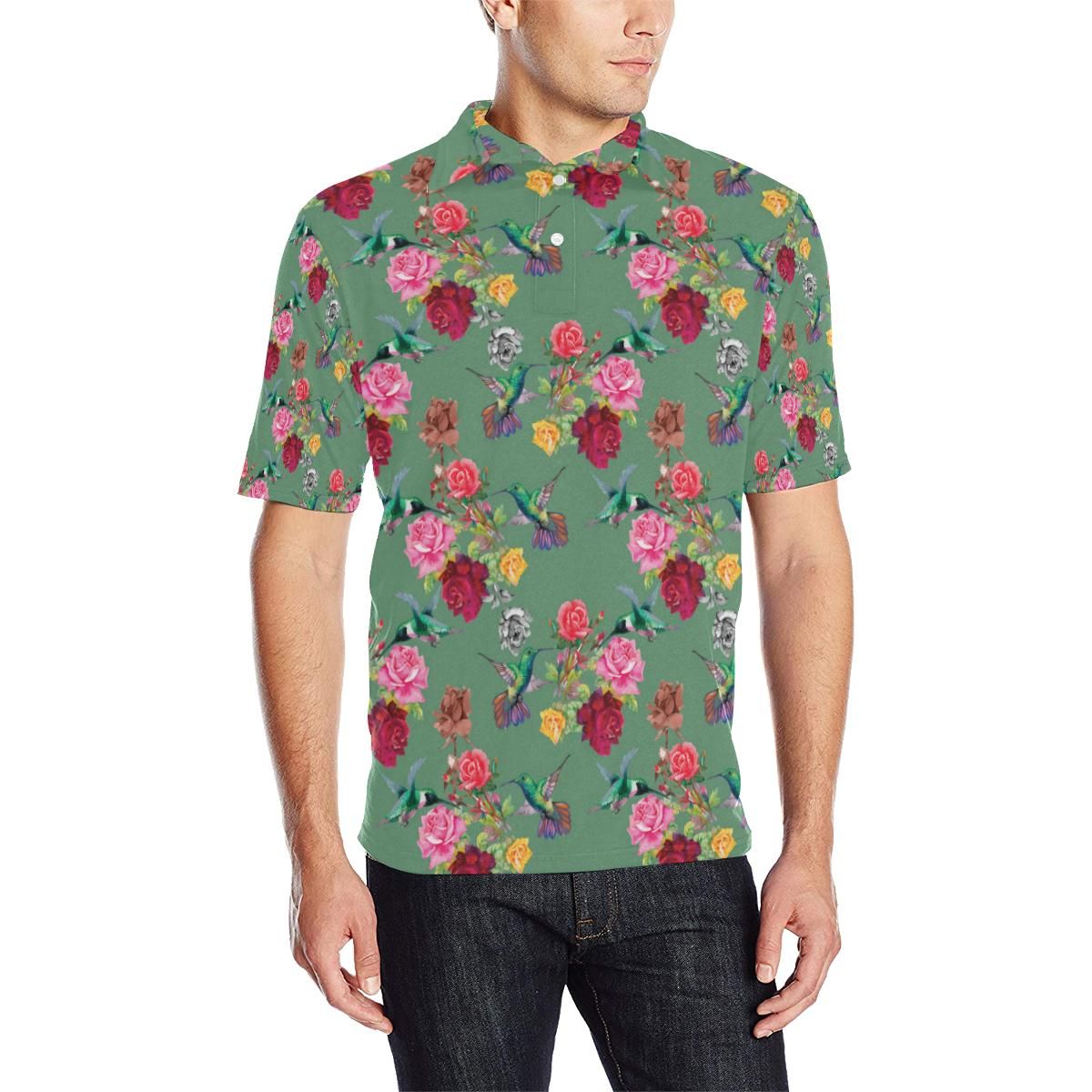 Hummingbird With Rose Themed Print Men Polo Shirt Hummingbird With Rose Themed Print Men Polo Shirt