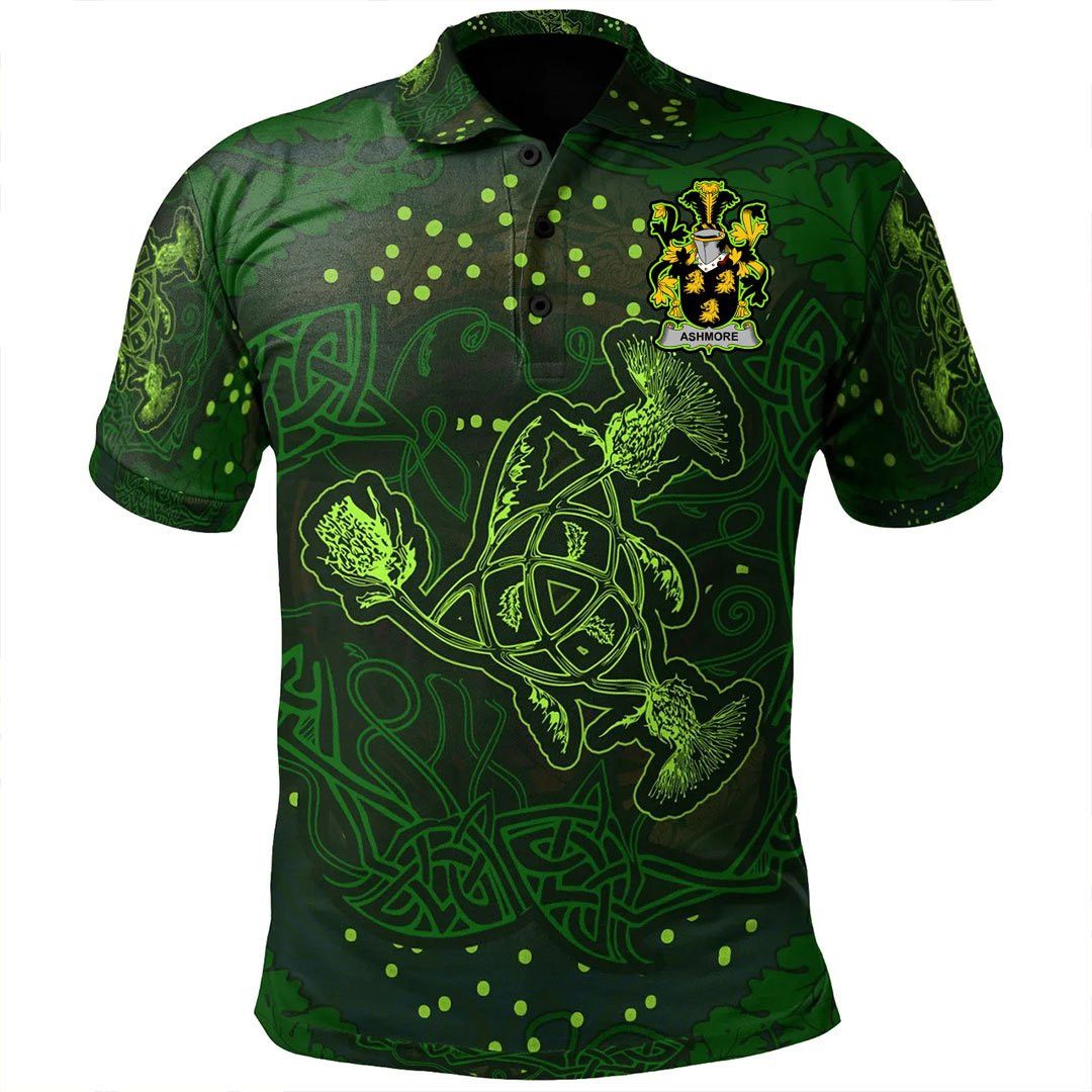 Ireland Clothing - Ashmore Irish Family Crest Polo Shirt - Celtic Thistle Flowers Green A7 Ireland Clothing - Ashmore Irish Family Crest Polo Shirt - Celtic Thistle Flowers Green A7