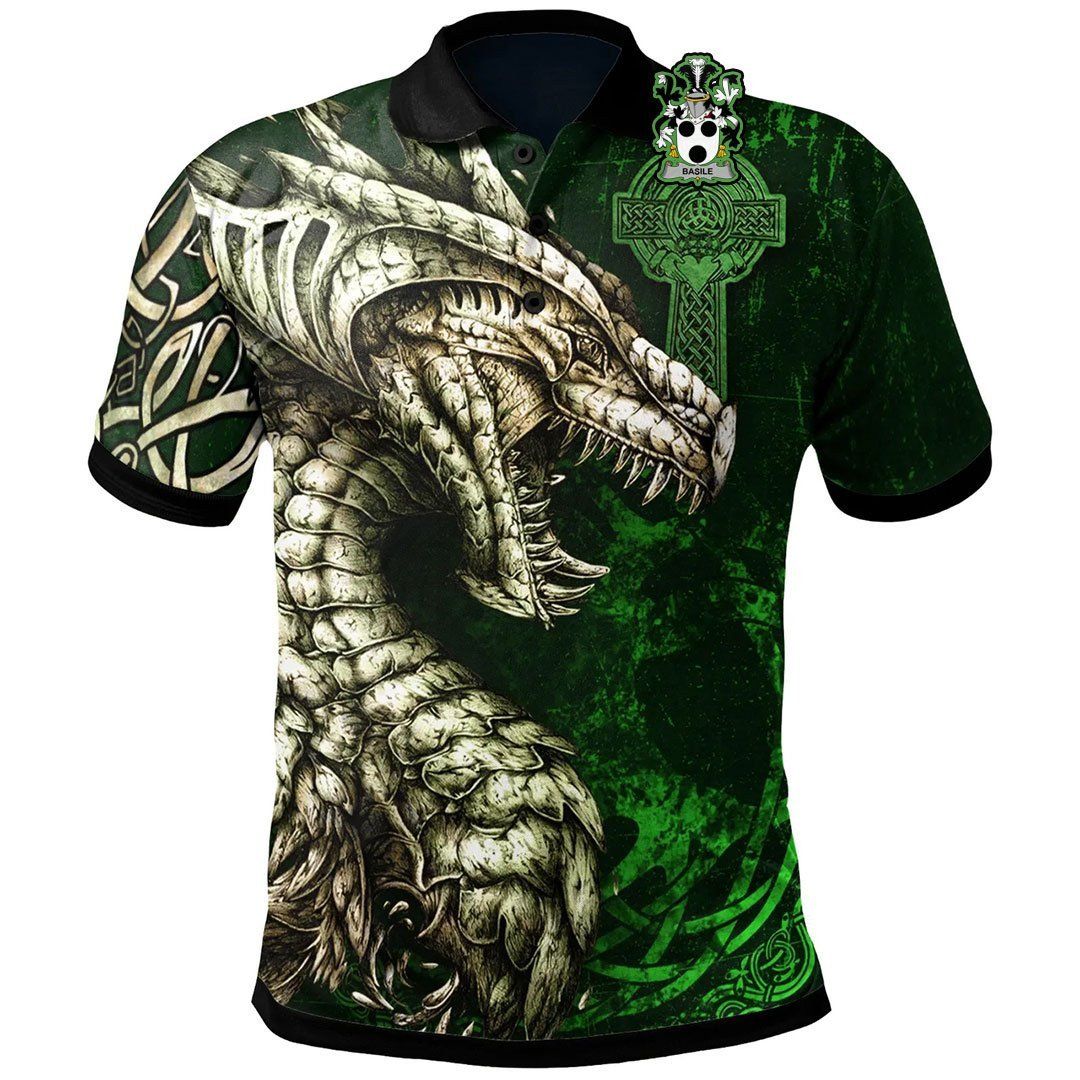 Ireland Clothing - Basile Irish Family Crest Polo Shirt - Dragon Claddagh Cross A7 Ireland Clothing - Basile Irish Family Crest Polo Shirt - Dragon Claddagh Cross A7
