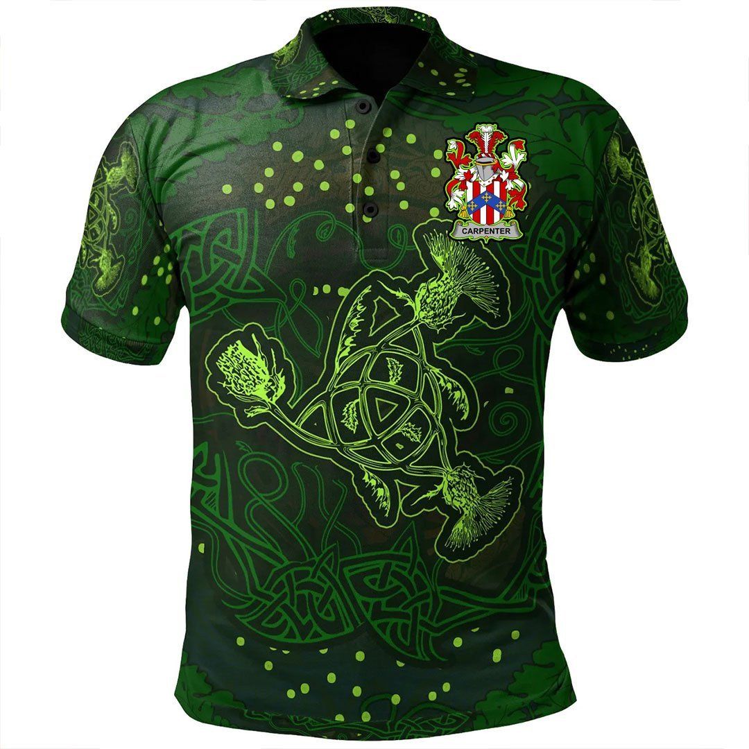 Ireland Clothing - Carpenter Irish Family Crest Polo Shirt - Celtic Thistle Flowers Green A7 Ireland Clothing - Carpenter Irish Family Crest Polo Shirt - Celtic Thistle Flowers Green A7