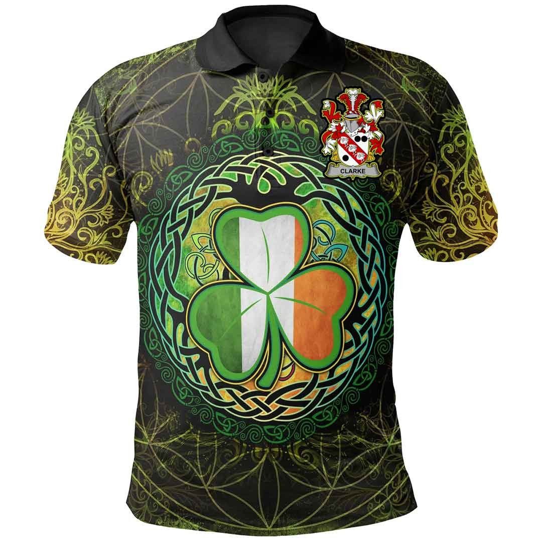 Ireland Clothing - Clarke Irish Family Crest Polo Shirt - Irish Shamrock Triangle A7 Ireland Clothing - Clarke Irish Family Crest Polo Shirt - Irish Shamrock Triangle A7