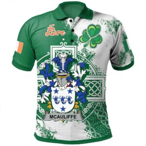 Ireland Clothing - McAuliffe Irish Family Crest Polo Shirt - Irish Celtic Cross A7