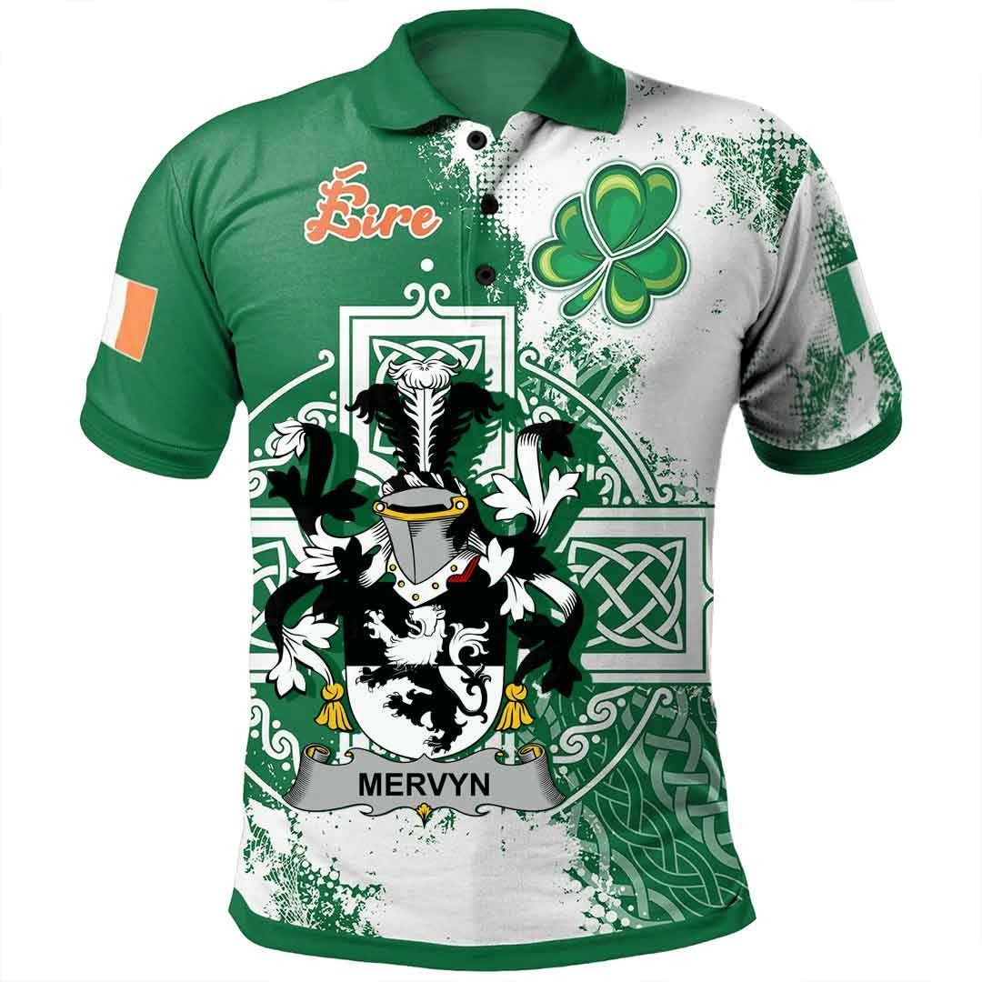 Ireland Clothing - Mervyn Irish Family Crest Polo Shirt - Irish Celtic Cross A7 Ireland Clothing - Mervyn Irish Family Crest Polo Shirt - Irish Celtic Cross A7