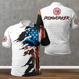 Ironworker American Skull Flag White Polo Shirt