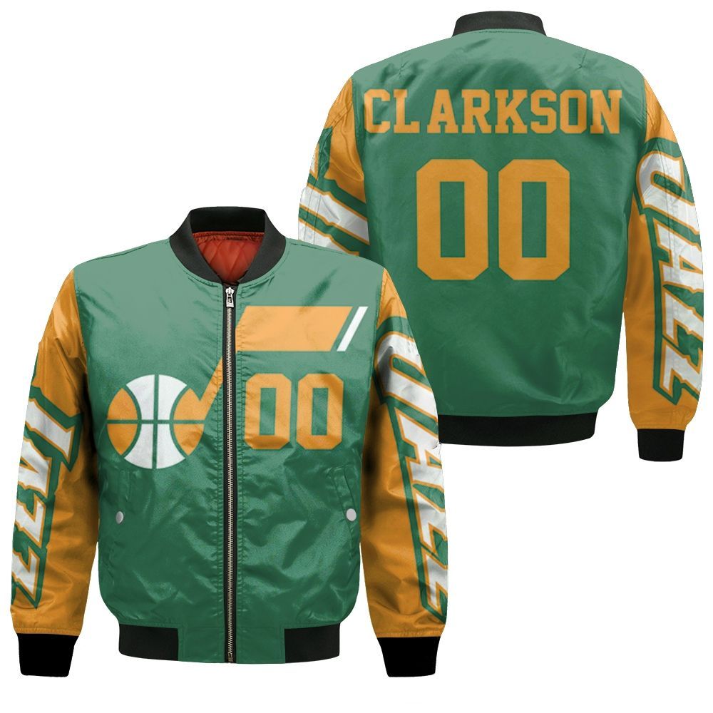 Jazz Jordan Clarkson 2020-21 Earned Edition Green Jersey Inspired Bomber Jacket Jazz Jordan Clarkson 2020-21 Earned Edition Green Jersey Inspired Bomber Jacket