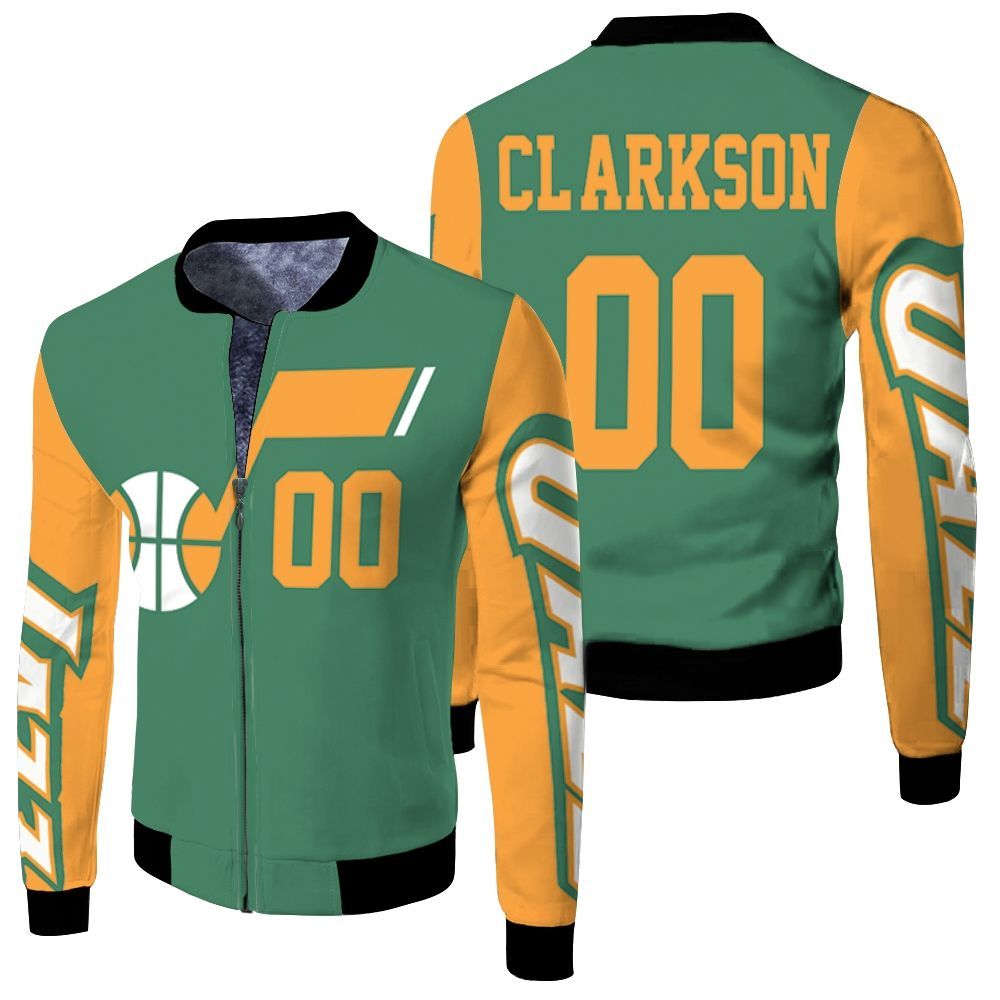 Jazz Jordan Clarkson 2020-21 Earned Edition Green Jersey Inspired Bomber Jacket Jazz Jordan Clarkson 2020-21 Earned Edition Green Jersey Inspired Bomber Jacket