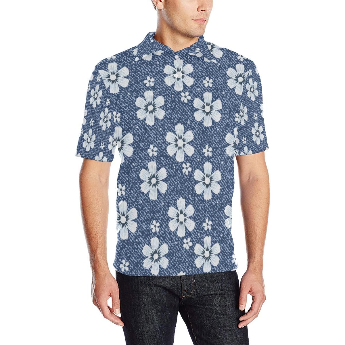 Jean Flower Pattern Print Design 03 Men Polo Shirt Jean Flower Pattern Print Design 03 Men Polo Shirt