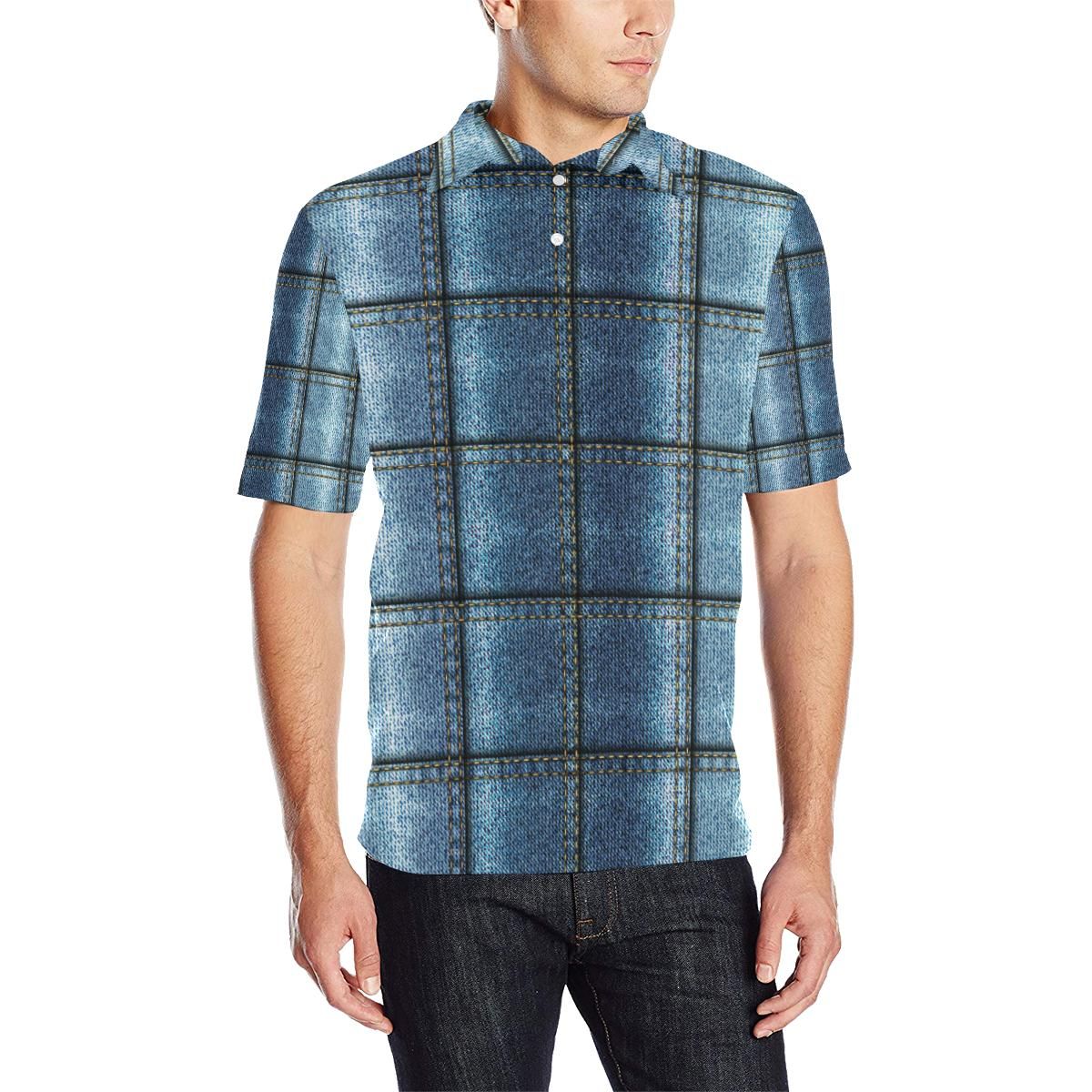 Jean Patchwork Pattern Print Design 02 Men Polo Shirt Jean Patchwork Pattern Print Design 02 Men Polo Shirt