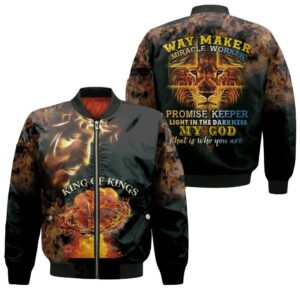 Jesus King Of Kings Way Maker Miracle Worker Lion 3D Printed T Shirt Bomber Jacket