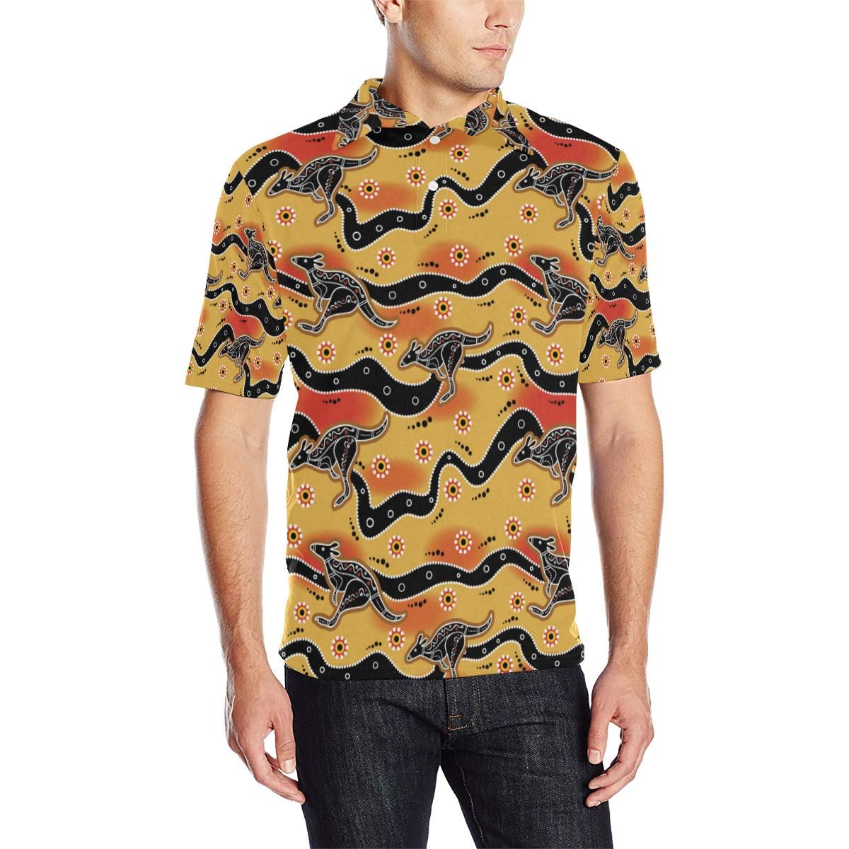 Kangaroos Aboriginal Pattern Print Design 06 Men Polo Shirt Kangaroos Aboriginal Pattern Print Design 06 Men Polo Shirt