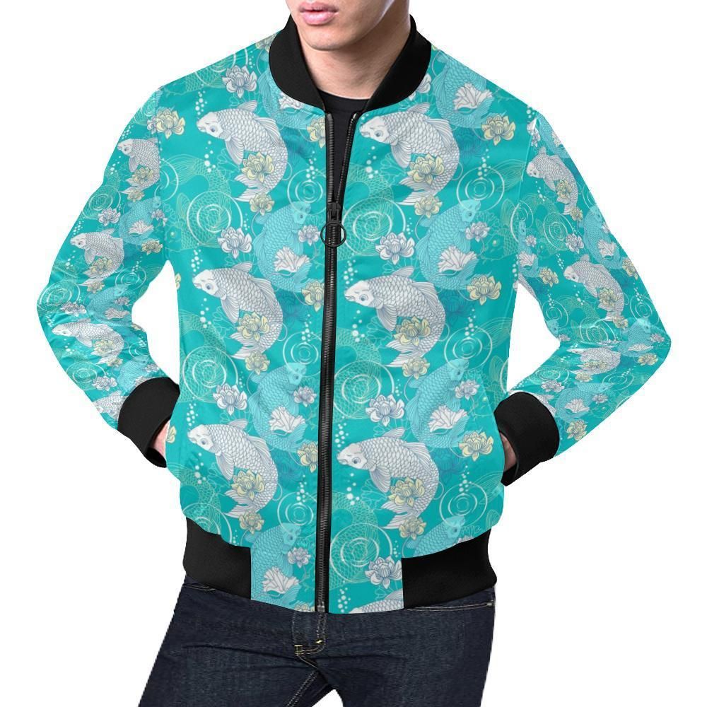 Koi Fish Lotus Pattern Print Mens Bomber Jacket Koi Fish Lotus Pattern Print Mens Bomber Jacket