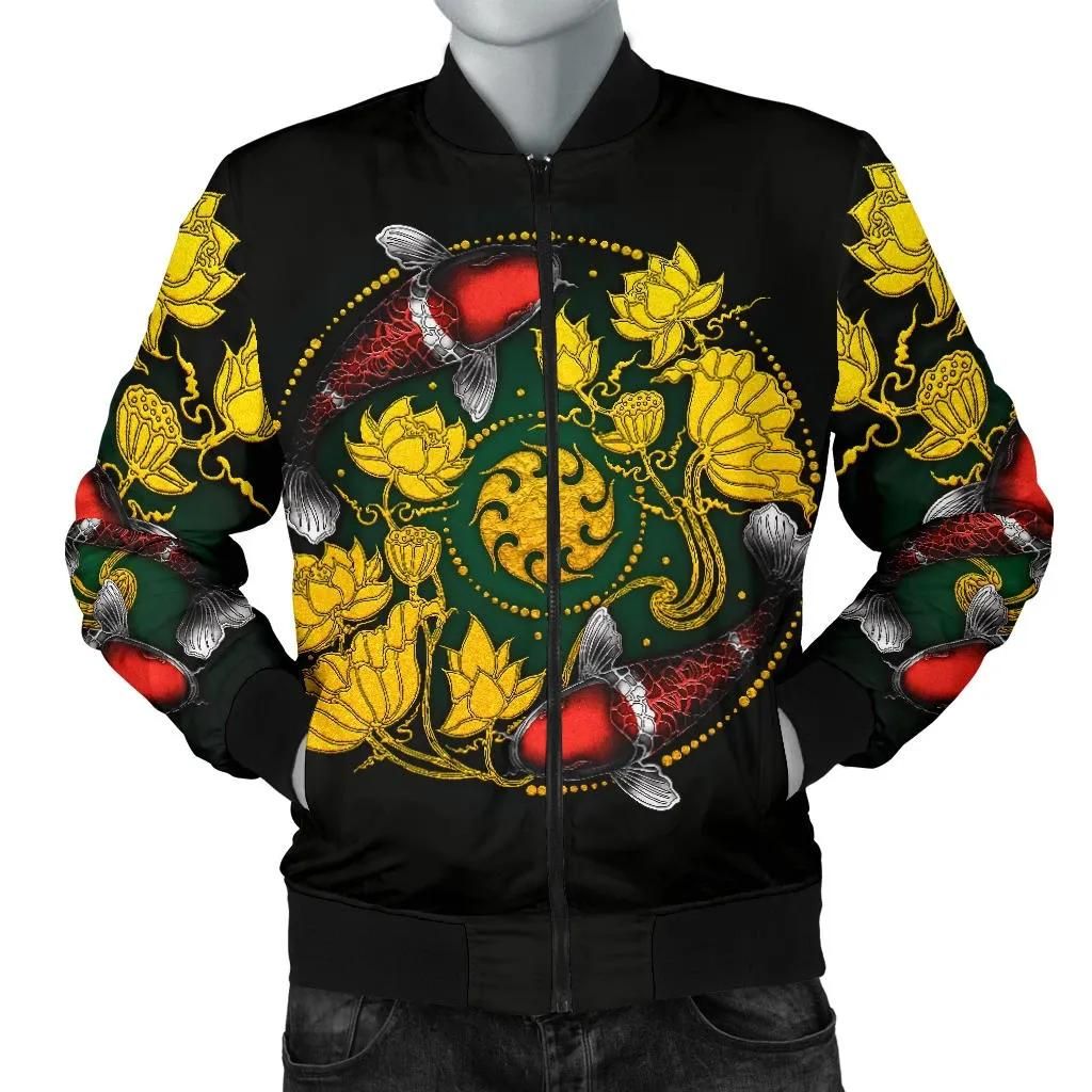 Koi Fish Men's Bomber Jacket - Lotus Koi Fish Yin Yang - BN02 Bomber Jacket Koi Fish Men's Bomber Jacket - Lotus Koi Fish Yin Yang - BN02 Bomber Jacket