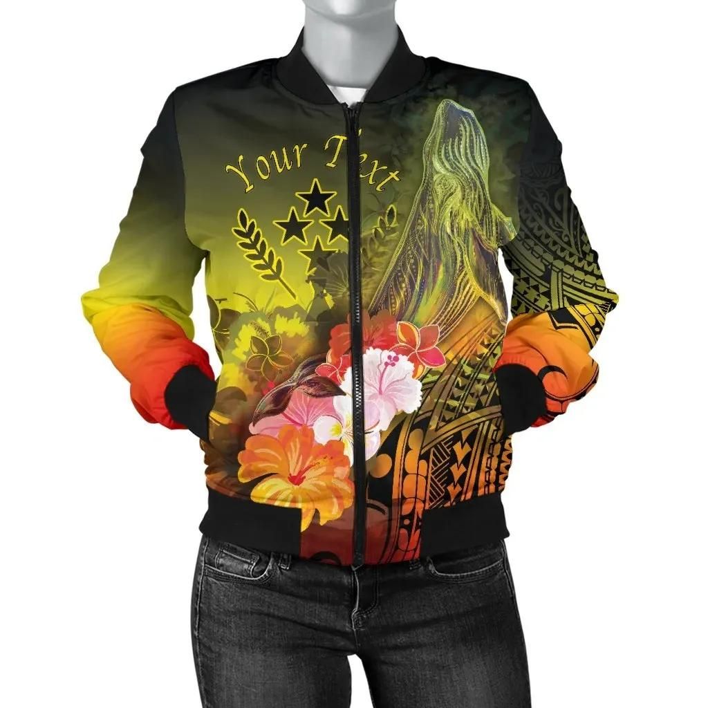 Kosrae Custom Personalised Women's Bomber Jacket - Humpback Whale with Tropical Flowers (Yellow)- BN18 Bomber Jacket Kosrae Custom Personalised Women's Bomber Jacket - Humpback Whale with Tropical Flowers (Yellow)- BN18 Bomber Jacket