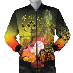 Kosrae Men's Bomber Jacket - Humpback Whale with Tropical Flowers (Yellow)- BN18 Bomber Jacket
