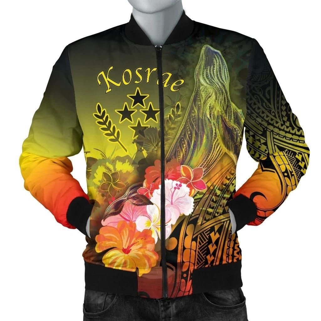 Kosrae Men's Bomber Jacket - Humpback Whale with Tropical Flowers (Yellow)- BN18 Bomber Jacket Kosrae Men's Bomber Jacket - Humpback Whale with Tropical Flowers (Yellow)- BN18 Bomber Jacket