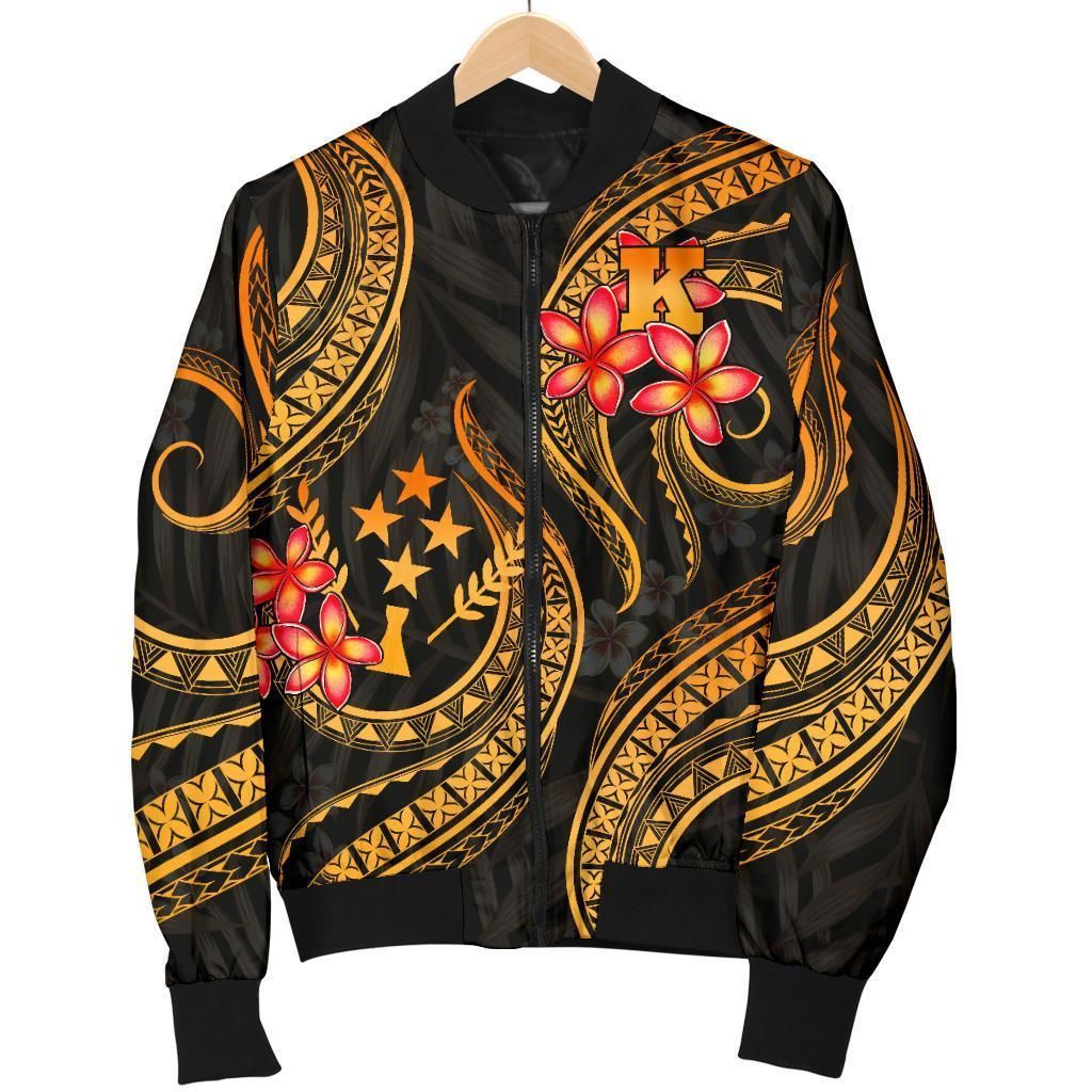 Kosrae Micronesian Women Bomber Jacket - Gold Plumeria - BN11 Bomber Jacket Kosrae Micronesian Women Bomber Jacket - Gold Plumeria - BN11 Bomber Jacket
