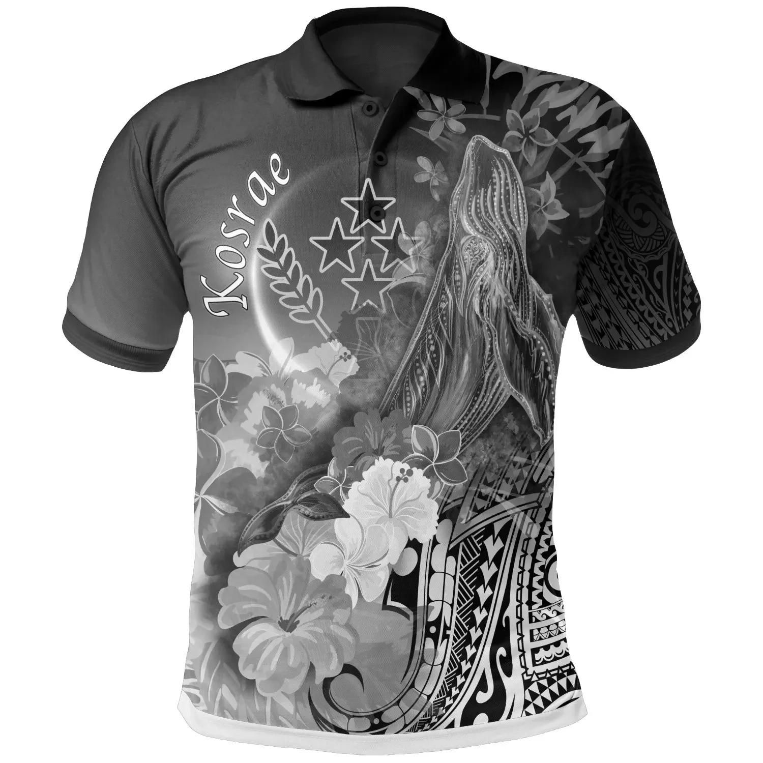 Kosrae Polo Shirt - Humpback Whale with Tropical Flowers (White) - BN18 Kosrae Polo Shirt - Humpback Whale with Tropical Flowers (White) - BN18