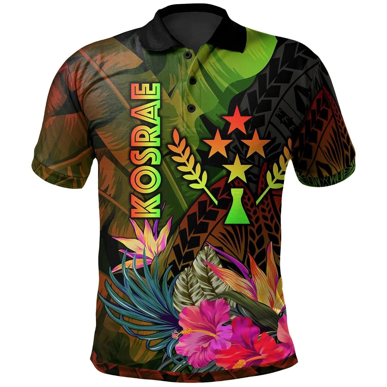 Kosrae Polynesian Polo Shirt - Hibiscus and Banana Leaves - BN15 Kosrae Polynesian Polo Shirt - Hibiscus and Banana Leaves - BN15