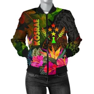 Kosrae Polynesian Women's Bomber Jacket - Hibiscus and Banana Leaves - BN15