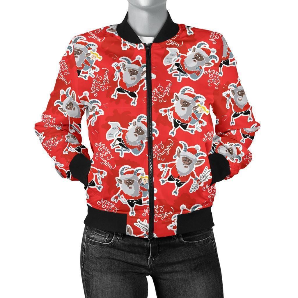 Krampus-Christmas-Print-Pattern-Women-Casual-Bomber-Jacket-1